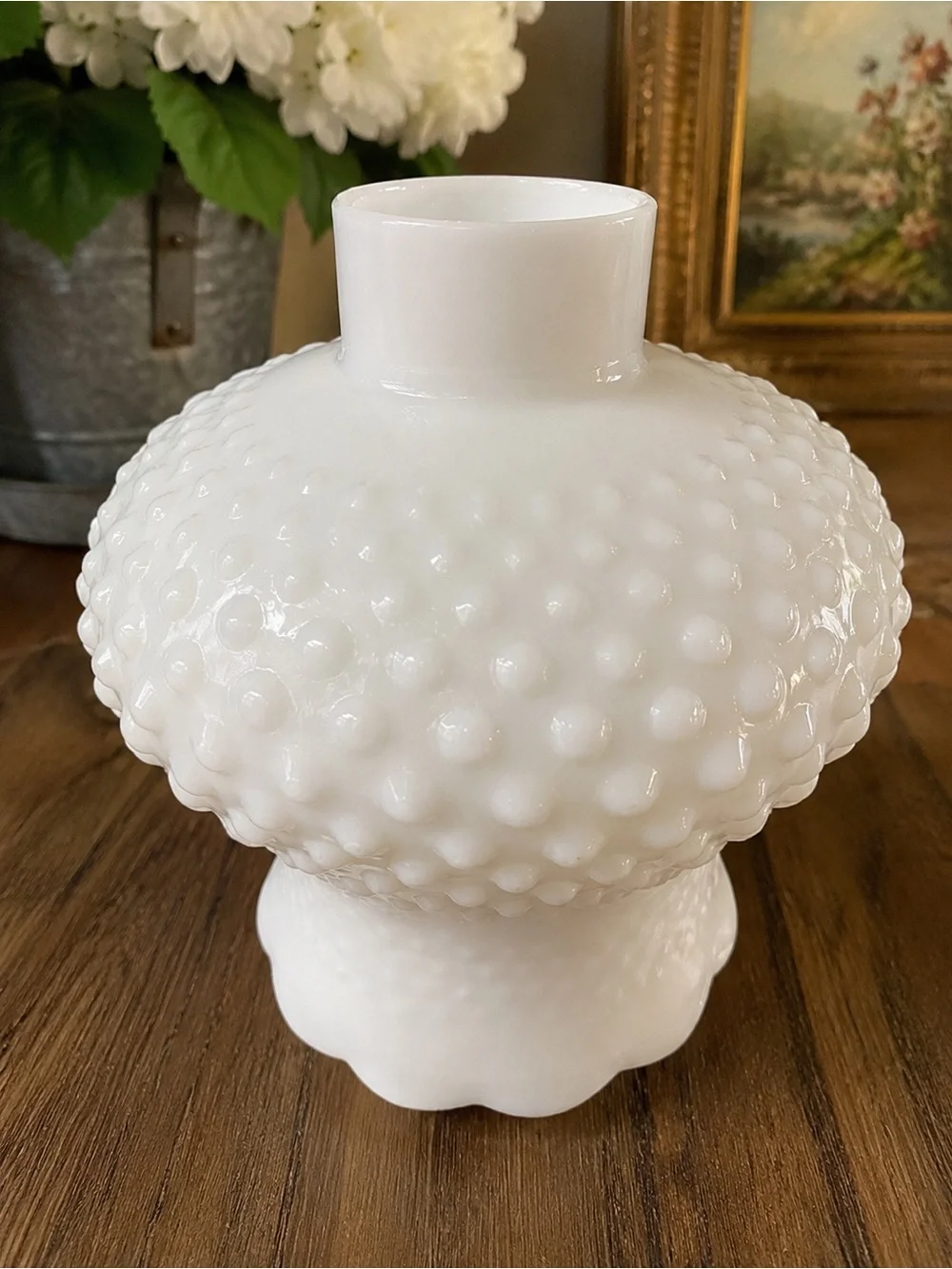Set of 4 Vintage White Milk Glass Hobnail Lamp Shades Globes Scalloped Rim